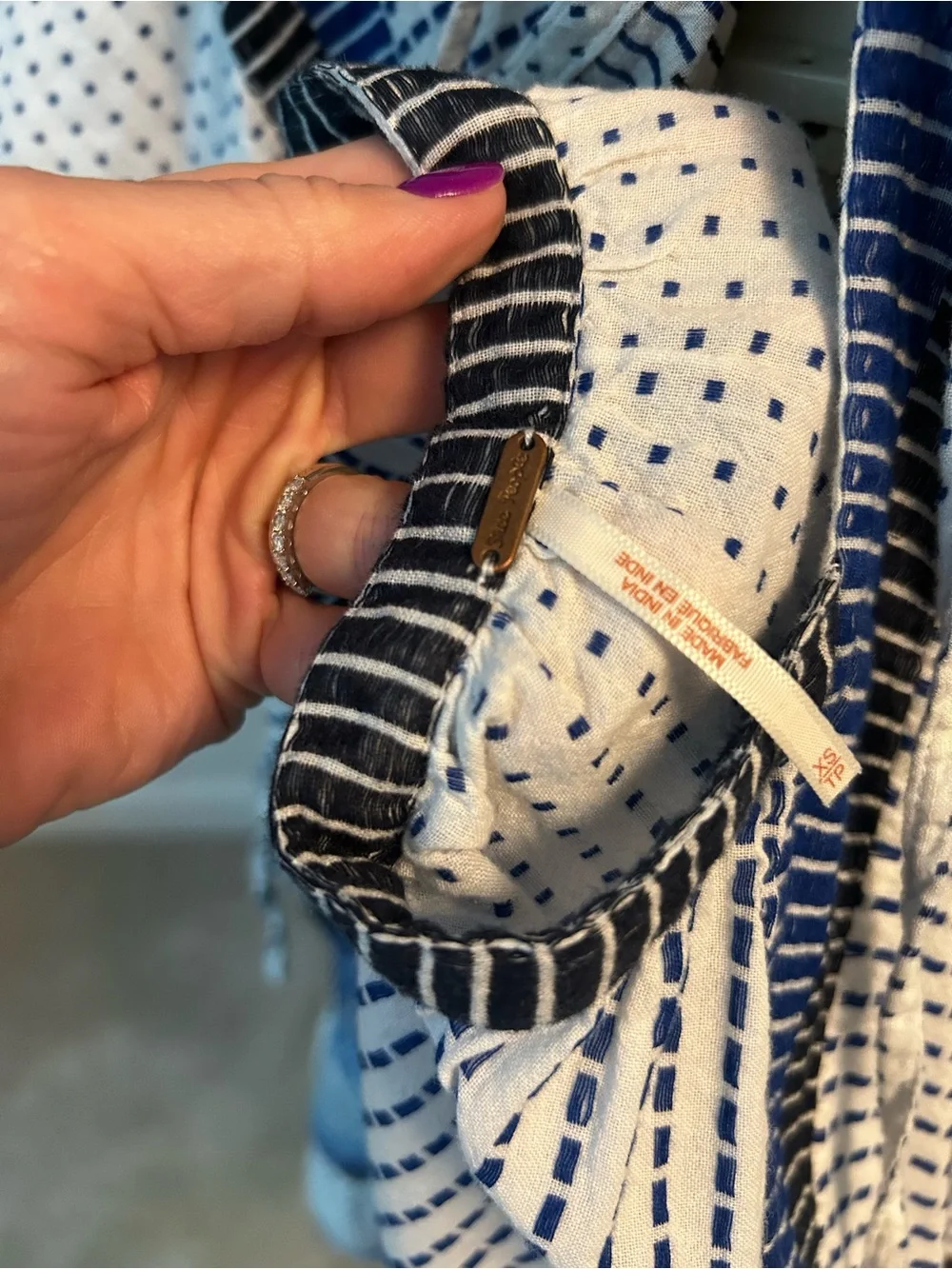 Free People Beach Blue and White V-Neck Striped Geometric Tunic